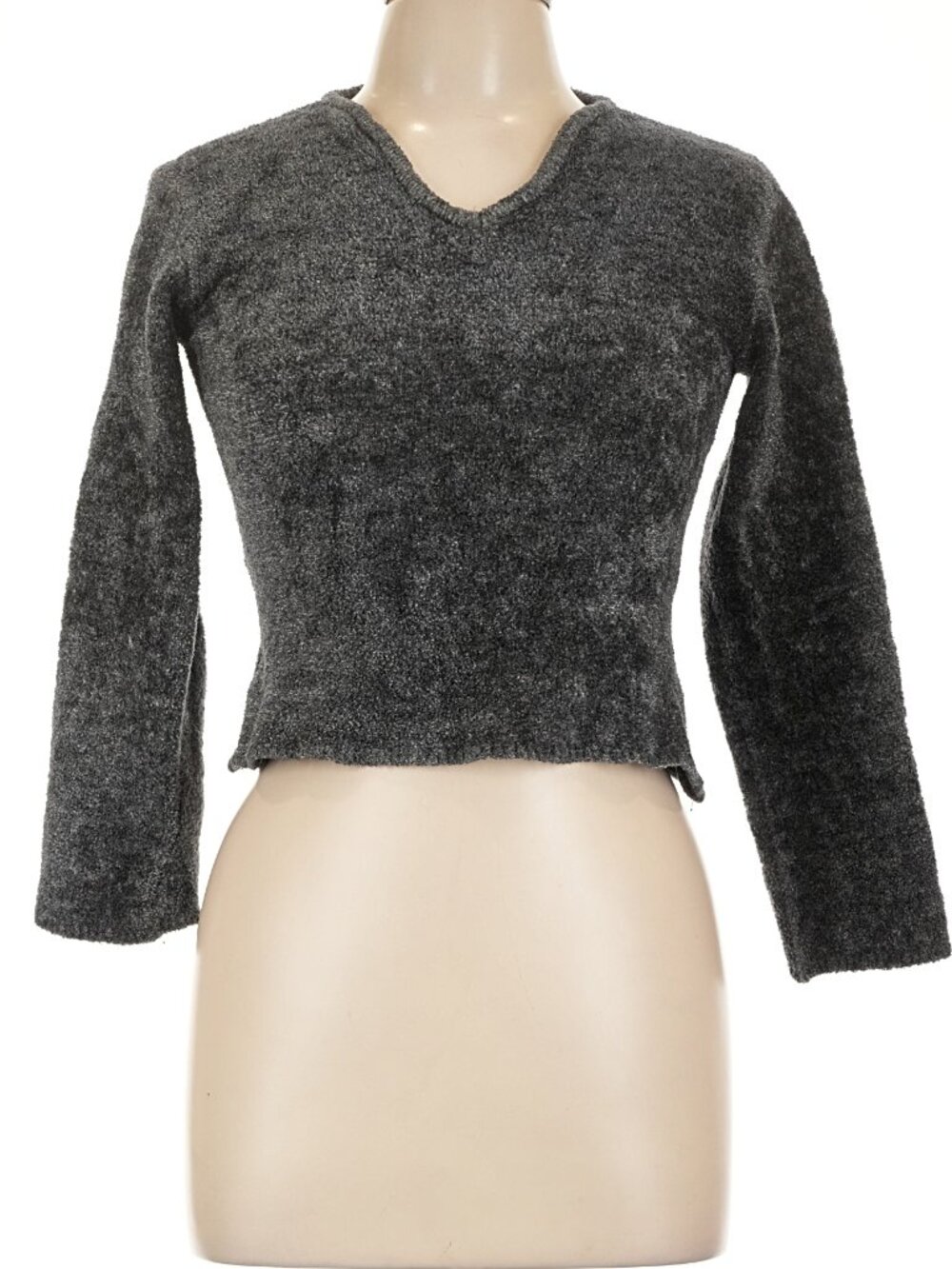 VTG Y2K Arden B. Fuzzy Gray Crop V-Neck Pullover Sweater Knit Size L Fits S/M